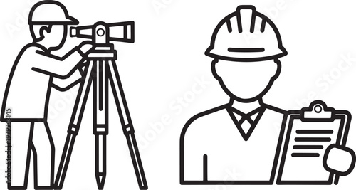Line art depiction of a surveyor using a theodolite and a construction worker with a clipboard symbolizing land measurement and project oversight