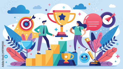 A group of people stands on a podium