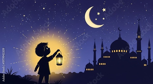 Ramadan Night - A Childs Lantern Illuminates the Mosque Under Crescent Moon.