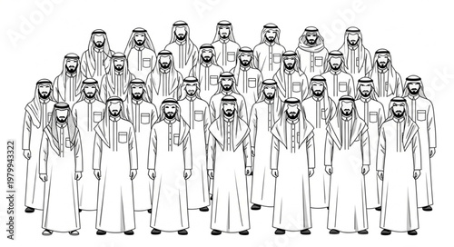 Group of Saudi Arabian men in traditional attire standing together.