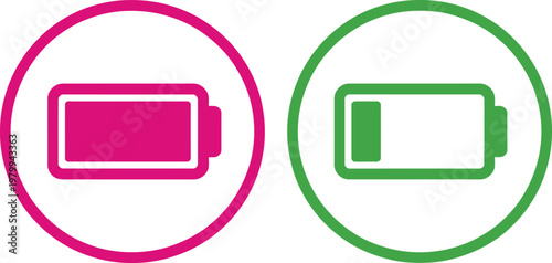 Two circular battery level indicators showing a full charge in pink and low power in green