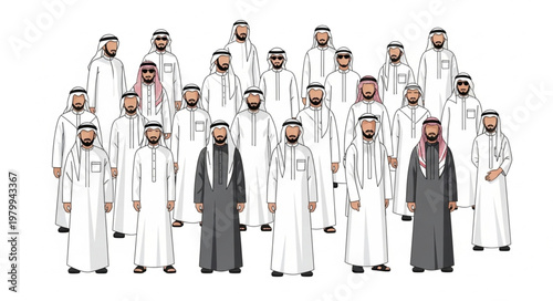 Group of Saudi Arabian men in traditional attire standing together.
