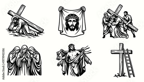 Passion of Christ religious illustration set featuring stations of the cross scenes in black and white woodcut style