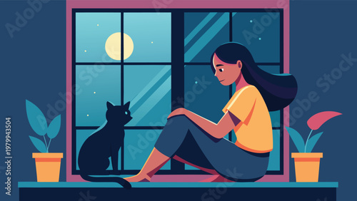 A woman sits on a window sill, gently holding a cat while gazing outside