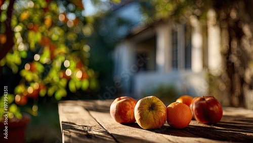 Ripe Apples and Oranges on a Rustic Wooden Table in Autumn Sunlight.