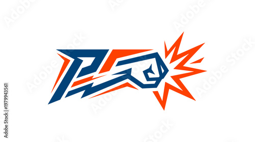 Abstract Logo with Fist and Impact Burst in Orange and Blue
