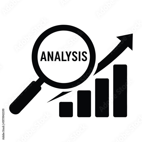 Black analysis icon with magnifying glass and bar graph on white