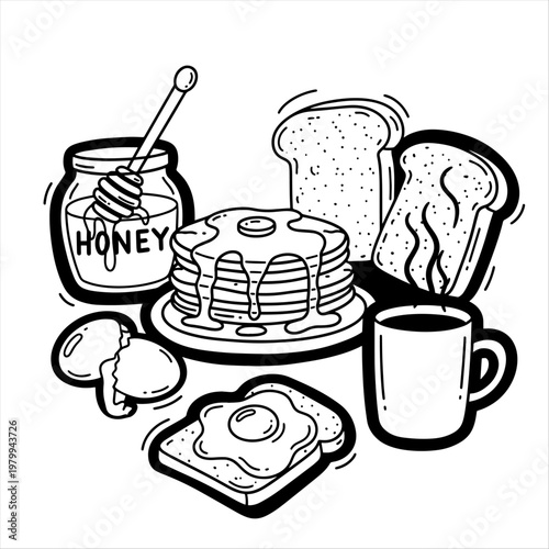 Hand-drawn illustration of a hearty breakfast spread including pancakes toast fried egg honey coffee with food and drink breakfast time start of day domestic life breakfast pancakes