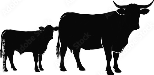 Cow and calf silhouettes, black cattle vector set, farm animal illustration, livestock shapes isolated, rural agriculture design element