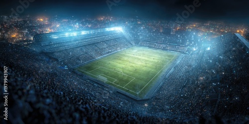 Aerial View of a Football Stadium at Night Under Bright Lights.