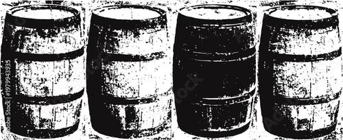 Four vintage wooden barrels standing side by side old rustic barrels, traditional storage containers