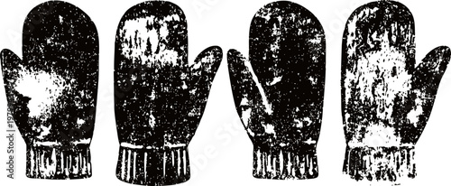 grunge black and white mittens illustration set with worn texture and knitted cuffs
