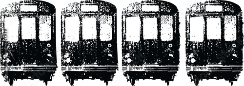 grunge vintage tram silhouettes in a row with distressed textures on white background