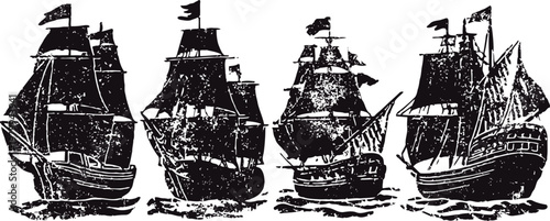 Four vintage sailing ships with full sails and flags in a line silhouette illustration