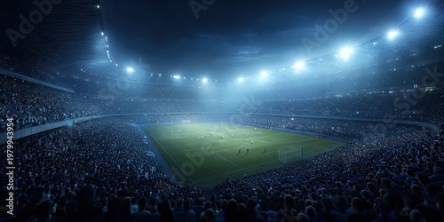 Vast Soccer Stadium Illuminated by Bright Floodlights at Night with Spectators.