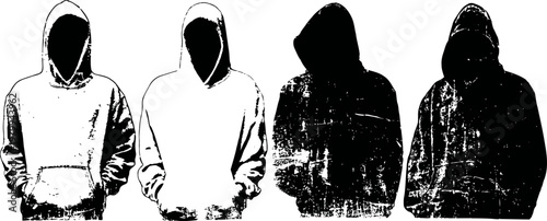 four hooded figures in monochrome silhouette, standing with hands in pockets, mysterious urban