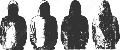 Silhouettes of four hooded figures standing in a row, textured black and white grunge illustration