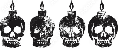 Four black skulls candle holders with flame, spooky halloween gothic decoration silhouettes