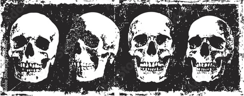 grunge black and white human skulls in different angles with distressed textured background