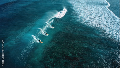 Aerial View of Surfers Riding Waves in the Ocean.
