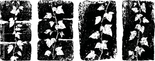 old grunge window frames covered with ivy leaves, rustic nature and vintage urban decay