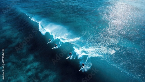 Aerial View of Surfers Riding a Powerful Ocean Wave.