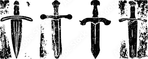 Vintage medieval swords collection grunge styled old weapon illustrations, different blade and handle designs