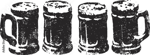 four frothy beer mugs in a row with foam on top, dark silhouette vector graphic