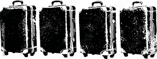 Black wheeled suitcases with telescopic handles set in different angles showing travel luggage with travel essentials