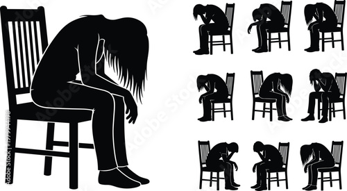 depressed person silhouette, sad woman sitting chair, mental health concept, loneliness stress anxiety, emotional pain, isolation, human posture, psychology illustration