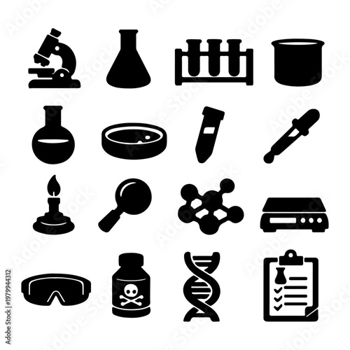  Laboratory Equipment Silhouette Icon Set ,Black Science Tools and Chemistry Apparatus for Educational, Research, and Medical Design Projects