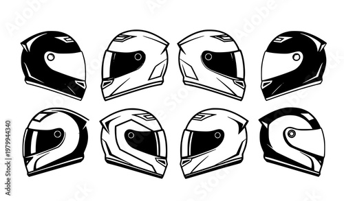 Creative motorcycle helmet vector elements in black and white with modern mixed style icons