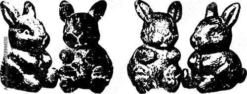 Vintage carved wooden bunny figurines set in rustic with textured surface details