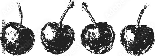 four black and white vintage cherries with stems in a row, hand drawn fruit illustration