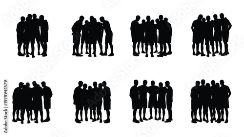 A collection of black silhouettes depicting groups of men standing closely together varying in size and arrangement high quality professional detailed