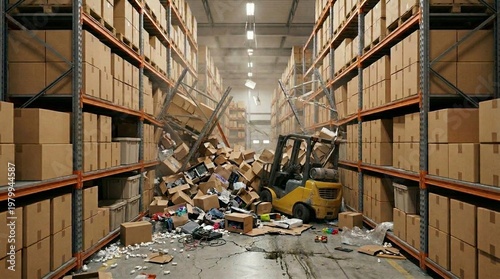 Forklift operator driving into warehouse rack causing cardboard box collapse. Industrial accident with destroyed shelving and fallen retail inventory. Storage room logistics work tragedy.