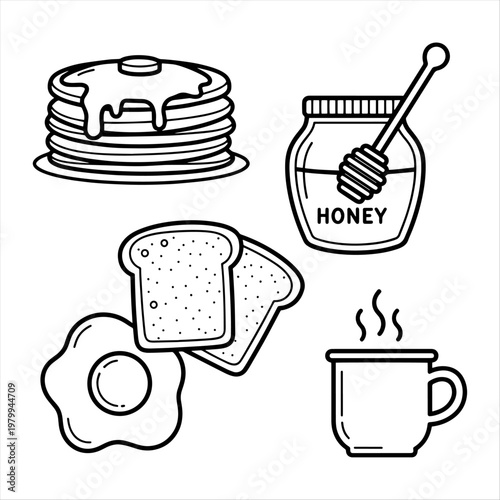 Stack of pancakes with syrup fried egg toast honey jar hot coffee mug icons syrup drizzle hot drink line art white background food and drink comfort food pancake stack pancakes