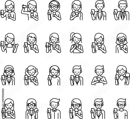 Set of 24 People Using Smartphone Line Icons - Men and Women Characters Taking Selfies, Texting and Browsing - Mobile Technology User Avatars for UI Design and Social Media Marketing