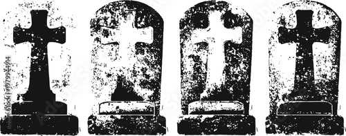 four black tombstones with crosses and weathered textures, symbolizing remembrance and mourning