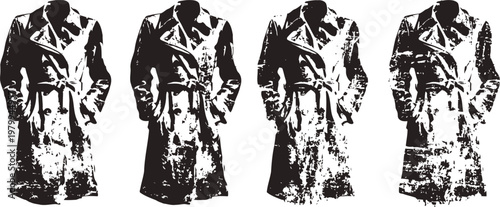 four black and white trench coats arranged side by side in a repeating pattern