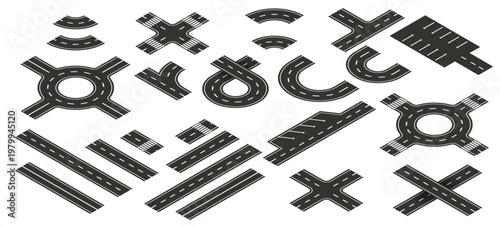 Isometric road vector elements for city map creation. Set of objects for highway journey map, path asphalt lines traffic circle car direction. Streets and roads with crossroad, footpath