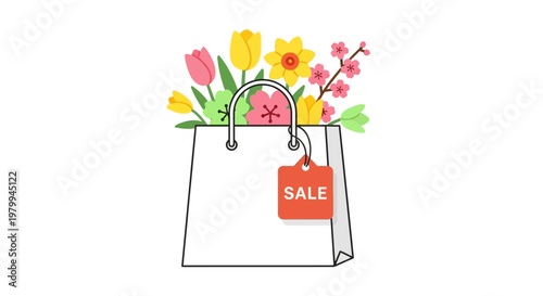 Shopping bag with colorful flowers sale.