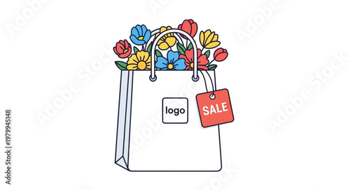 Shopping bag with colorful sale items.