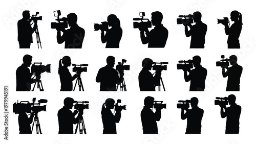 A collection of silhouetted figures operating professional video cameras on tripods and handheld showcasing various filming angles high quality detailed modern