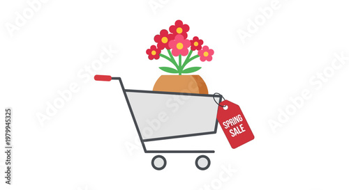 Shopping cart with red flower pot.