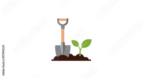 Shovel next to small green plant.