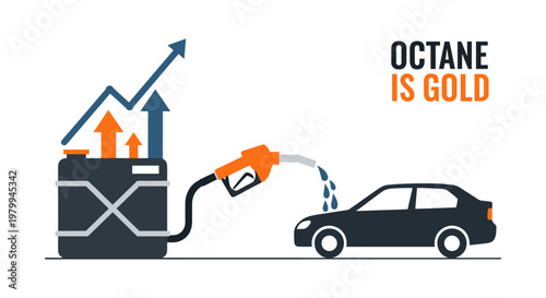 Fuel pump filling car with rising arrow graph on fuel tank in modern illustration for business finance