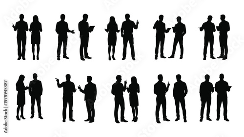 A collection of black silhouettes depicting diverse business people in various conversational and presenting poses against a white background high quality