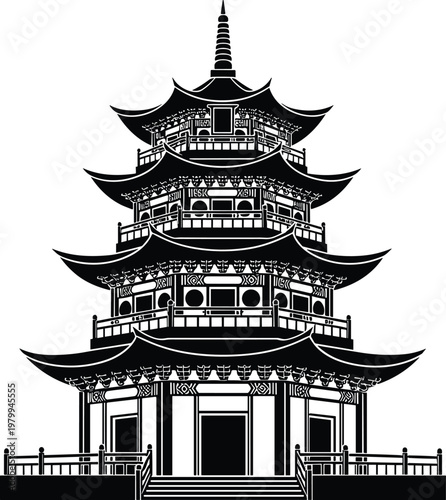Traditional Asian pagoda temple silhouette illustration, ancient architecture landmark, cultural heritage building design, oriental religious structure isolated on white background
