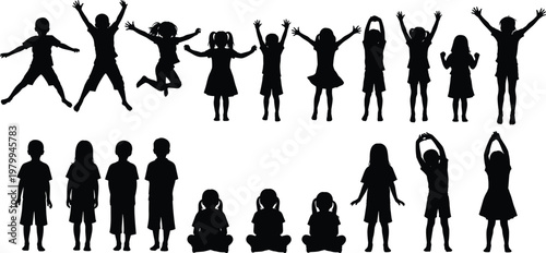 Kids silhouettes collection, children jumping, standing, sitting poses, happy childhood activity, playful boys and girls, lifestyle vector illustration set